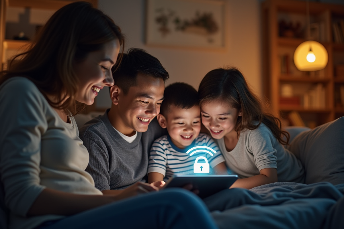 Famille utilisant une tablette avec symbole de connexion securisee a la maison