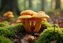 Groupe de fausses chanterelles sur sol de foret lumineuse