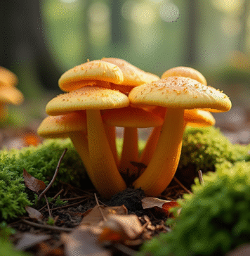 La fausse chanterelle : quel impact sur la biodiversité forestière ? Groupe de fausses chanterelles sur sol de foret lumineuse