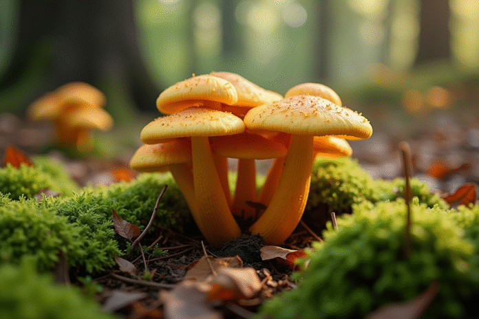 fausse-chanterelle-mushrooms-foret Groupe de fausses chanterelles sur sol de foret lumineuse