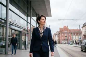 Femme d'affaires marchant devant la gare de Mulhouse
