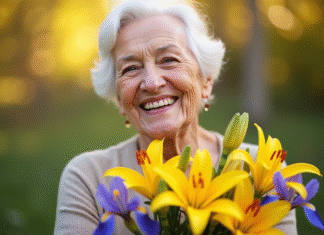 Femme agee souriante tenant un bouquet de lys et iris jaunes