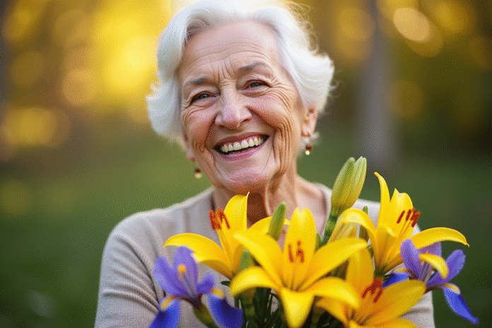 femme-agee-felicite-mains-bouquet Femme agee souriante tenant un bouquet de lys et iris jaunes