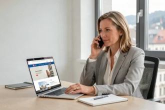 Femme professionnelle en train d'appeler un service client suisse depuis son bureau avec un smartphone et un ordinateur portable