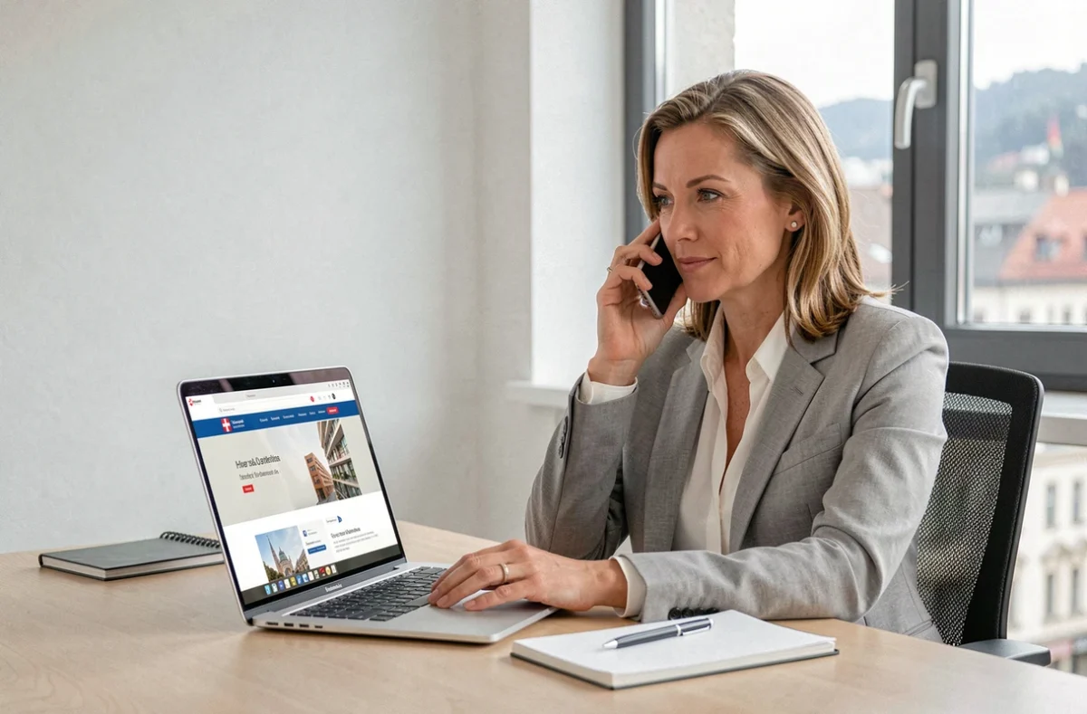 Femme professionnelle en train d'appeler un service client suisse depuis son bureau avec un smartphone et un ordinateur portable