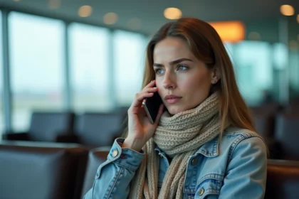 Jeune femme au téléphone dans un lounge aéroport