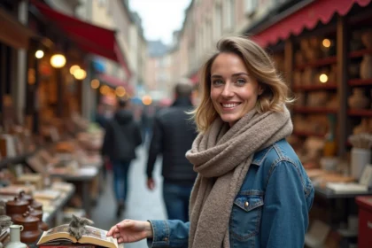 Femme souriante dans une brocante vintage en Nord France