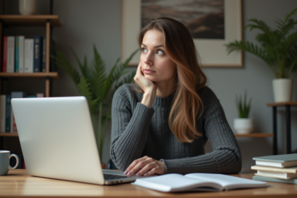 Femme concentrée dans son bureau avec ordinateur et livres