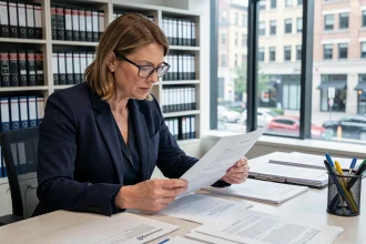 Femme professionnelle consultant une annonce légale du Journal Officiel dans un bureau juridique moderne