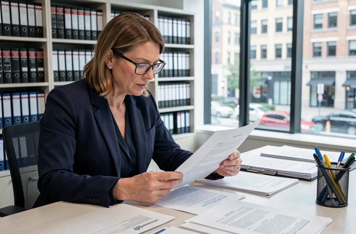 Femme professionnelle consultant une annonce légale du Journal Officiel dans un bureau juridique moderne