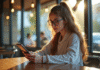 Jeune femme au café regardant son smartphone avec réflexion