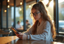 Jeune femme au café regardant son smartphone avec réflexion