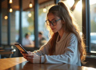 Jeune femme au café regardant son smartphone avec réflexion
