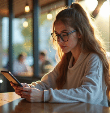 Réseaux sociaux et vie privée : préserver son intimité en ligne ? Jeune femme au café regardant son smartphone avec réflexion