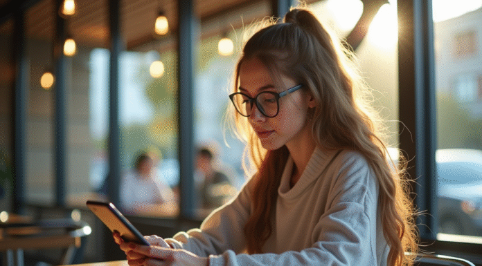 Jeune femme au café regardant son smartphone avec réflexion