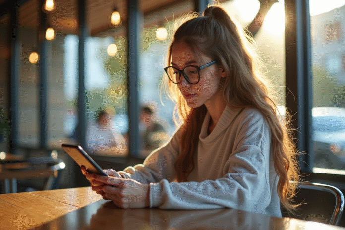 femme-cafe-smartphone Jeune femme au café regardant son smartphone avec réflexion
