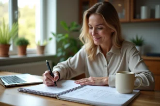 Femme d'âge moyen souriante remplissant un tableau de conversion kilogrammes en tonnes
