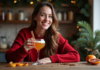 Comment réussir un cocktail de Noël aux saveurs épicées ? Femme souriante avec cocktail épicé de Noël dans un cadre festif