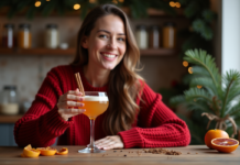 Comment réussir un cocktail de Noël aux saveurs épicées ? Femme souriante avec cocktail épicé de Noël dans un cadre festif