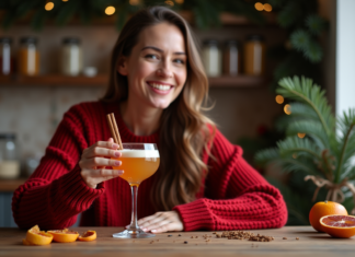 Comment réussir un cocktail de Noël aux saveurs épicées ? Femme souriante avec cocktail épicé de Noël dans un cadre festif