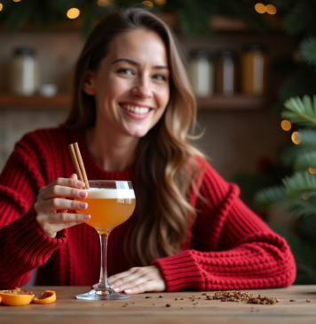 Comment réussir un cocktail de Noël aux saveurs épicées ? Femme souriante avec cocktail épicé de Noël dans un cadre festif