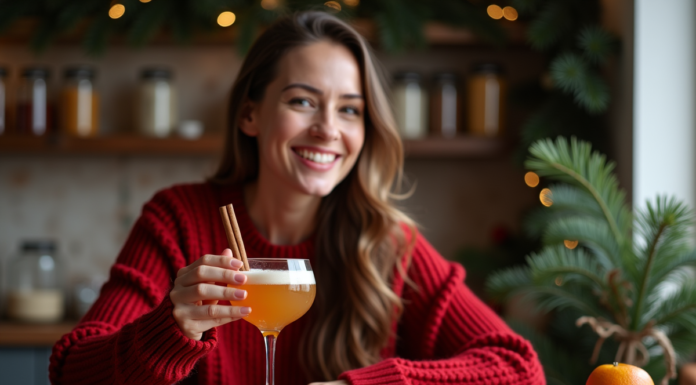 Femme souriante avec cocktail épicé de Noël dans un cadre festif