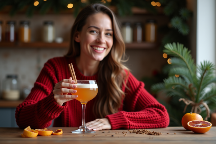 femme-cocktail-noel Femme souriante avec cocktail épicé de Noël dans un cadre festif