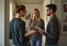 Expulser une personne hébergée gratuitement : procédure en 5 étapes Femme conseillant un jeune homme devant un appartement