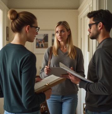 Femme conseillant un jeune homme devant un appartement