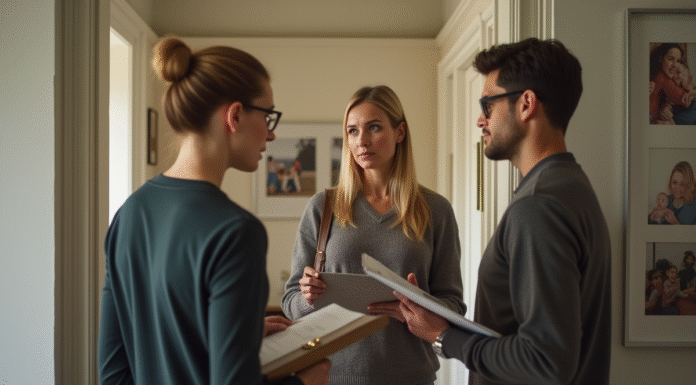 Femme conseillant un jeune homme devant un appartement