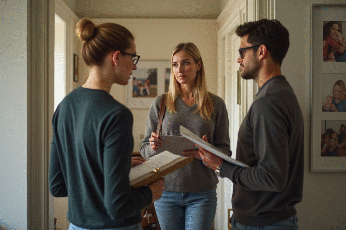 femme-conseil-entre-appartement Femme conseillant un jeune homme devant un appartement