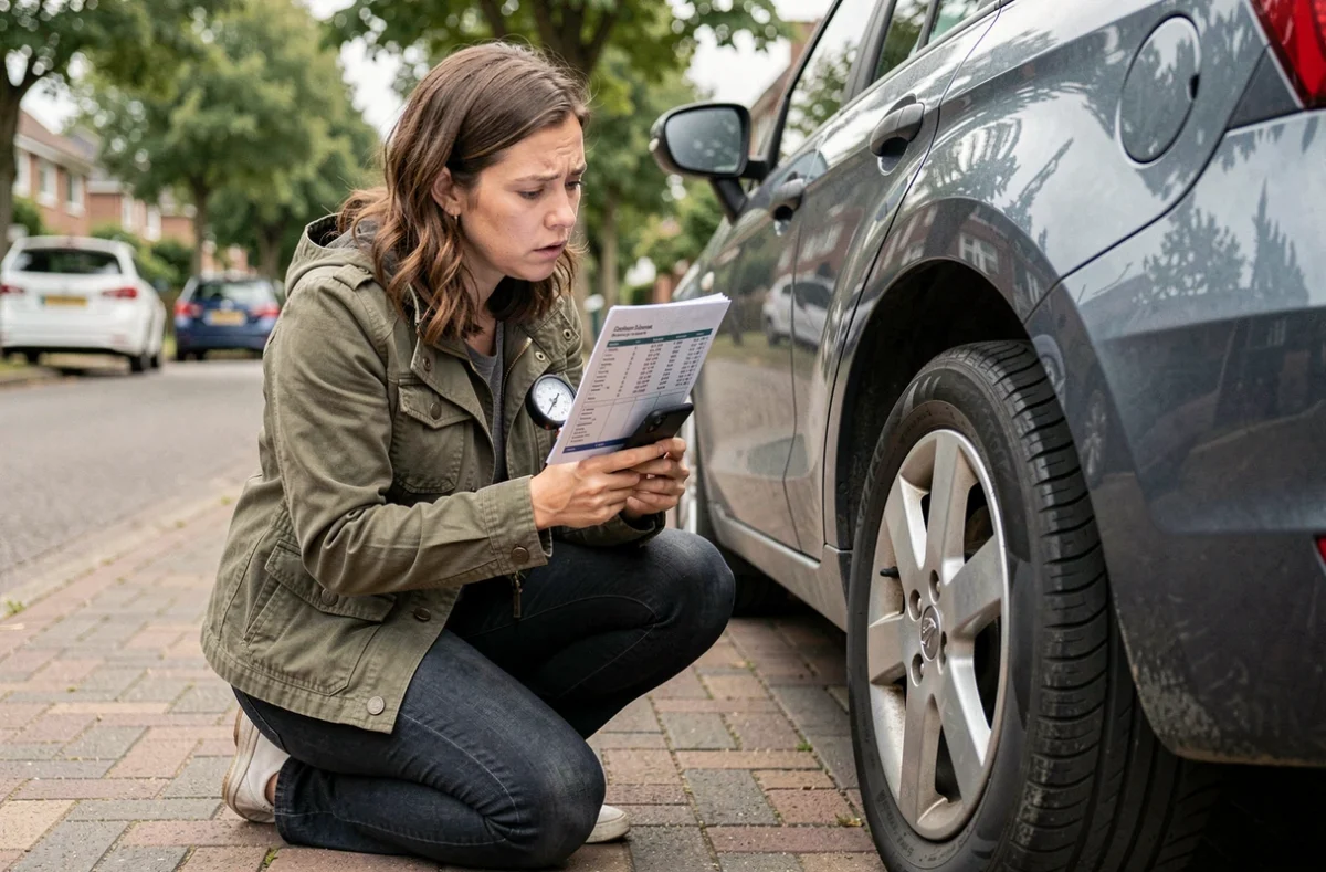 Femme agenouillée devant un pneu de voiture consultant une conversion PSI en bar sur son téléphone