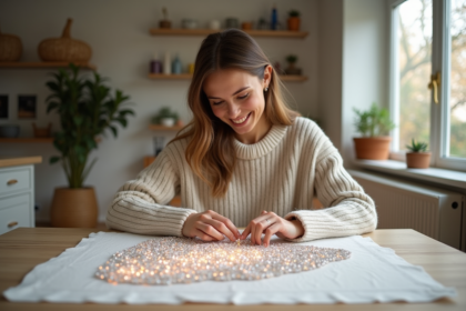 Femme souriante réalisant un broderie de diamants dans un salon lumineux