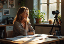Femme réfléchie dans un studio créatif avec scripts et caméras