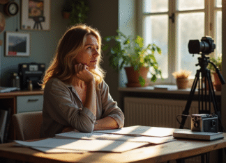 Femme réfléchie dans un studio créatif avec scripts et caméras