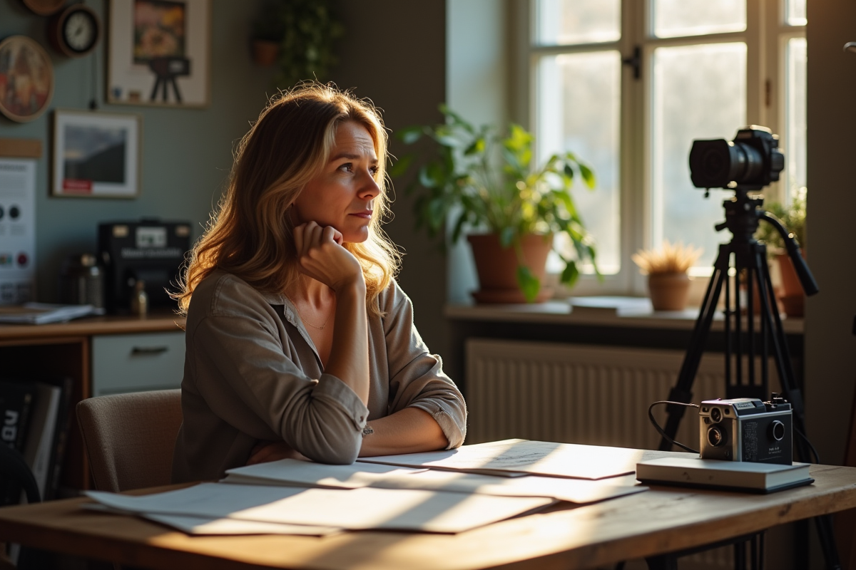 Femme réfléchie dans un studio créatif avec scripts et caméras