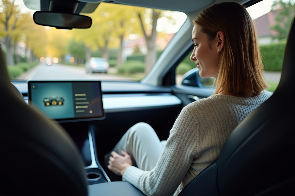 Jeune femme regardant le tableau de bord de sa voiture électrique