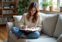 Femme dessinant dans un salon cosy et lumineux