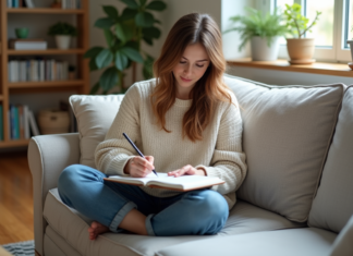 Femme dessinant dans un salon cosy et lumineux