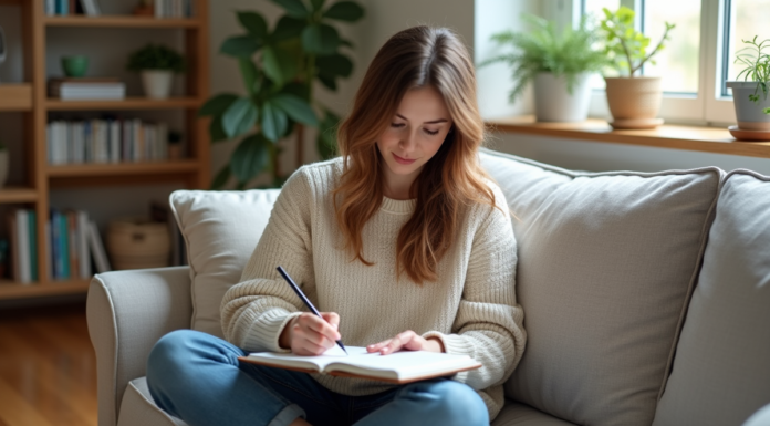 Femme dessinant dans un salon cosy et lumineux