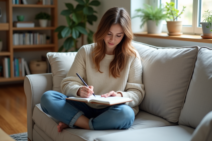 Femme dessinant dans un salon cosy et lumineux