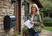Femme tenant des documents devant une maison en pierre