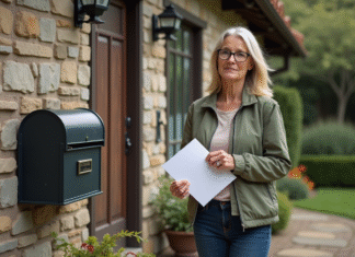 Femme tenant des documents devant une maison en pierre