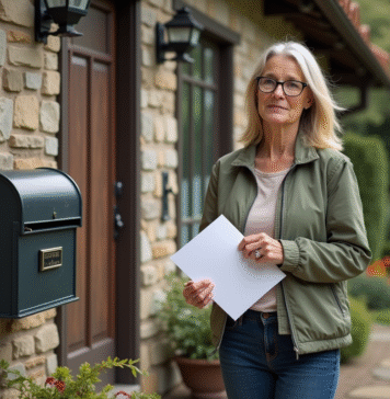 Femme tenant des documents devant une maison en pierre