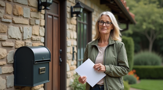 Femme tenant des documents devant une maison en pierre