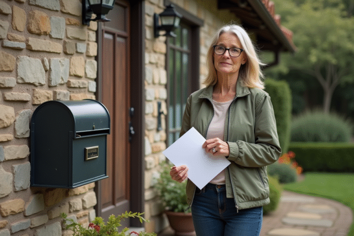 Femme tenant des documents devant une maison en pierre