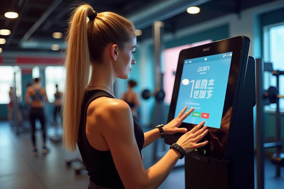 Femme entrant son code promo sur un kiosque digital à l