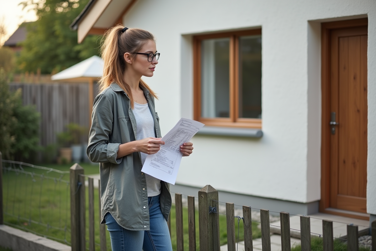 Jeune femme vérifiant une estimation devant maison rénovée