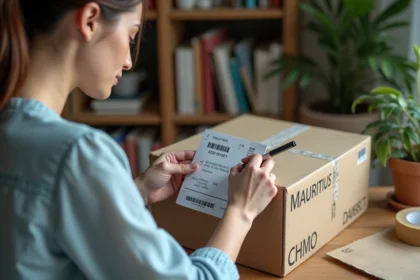 Femme écrivant un code postal mauricien sur une étiquette d'envoi de colis international depuis son bureau à domicile