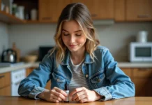 Jeune femme regardant un flacon d'eliquide dans la cuisine